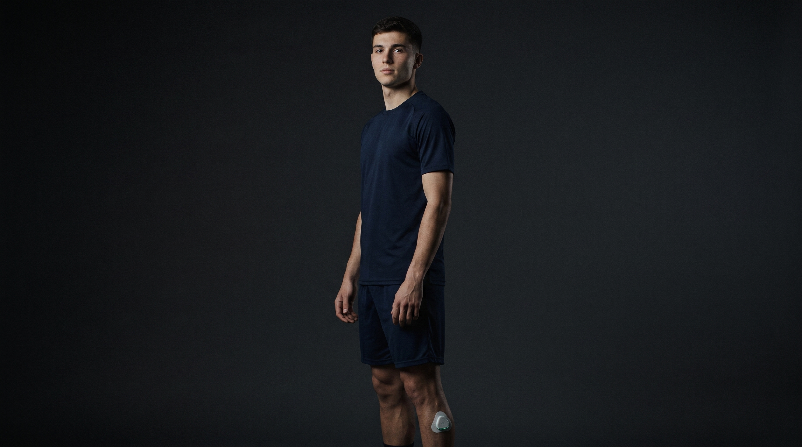 Player in navy kit with a dia node on his lower leg