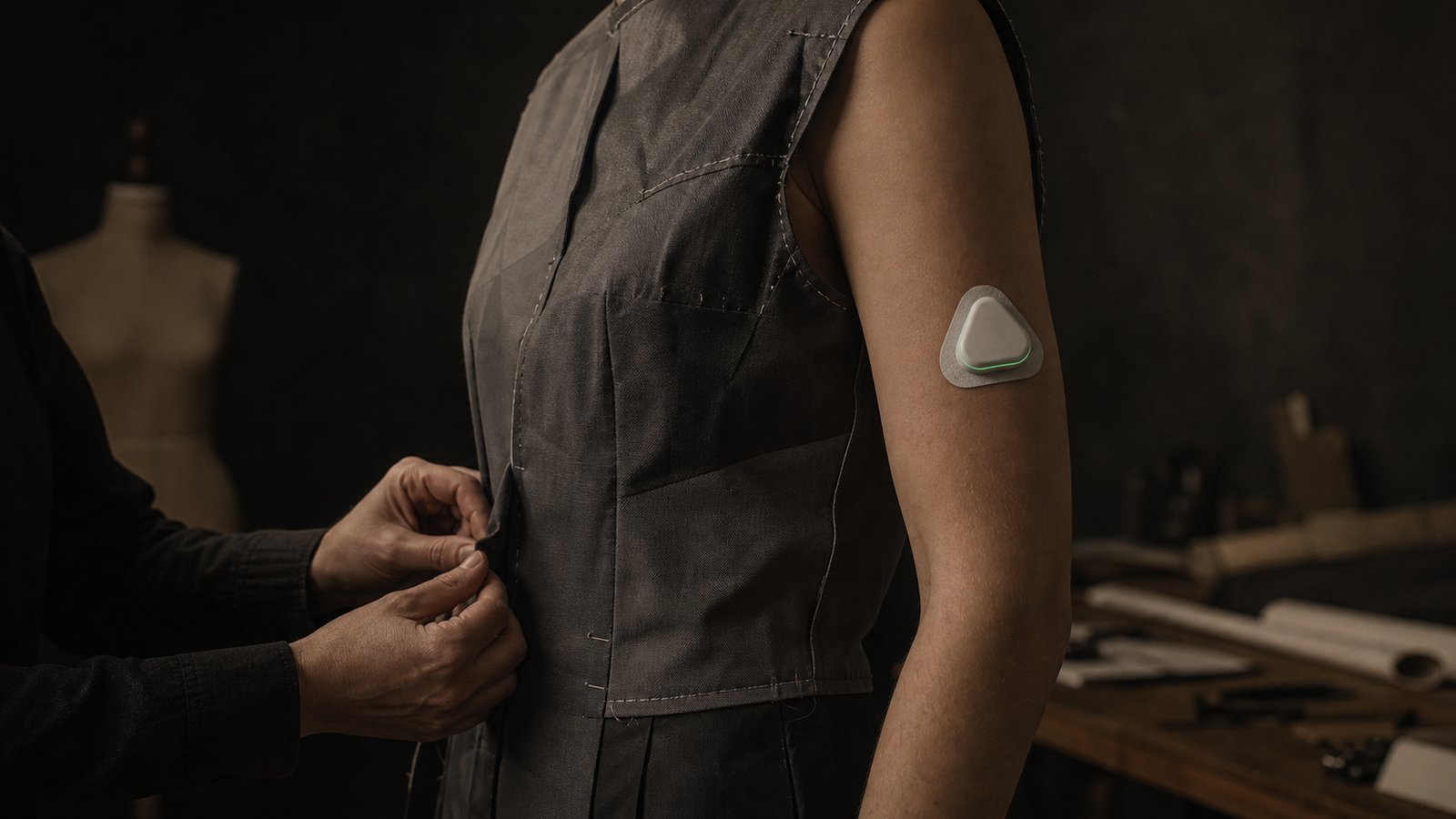 Fit-testing session in an atelier — a dia node on the model’s arm