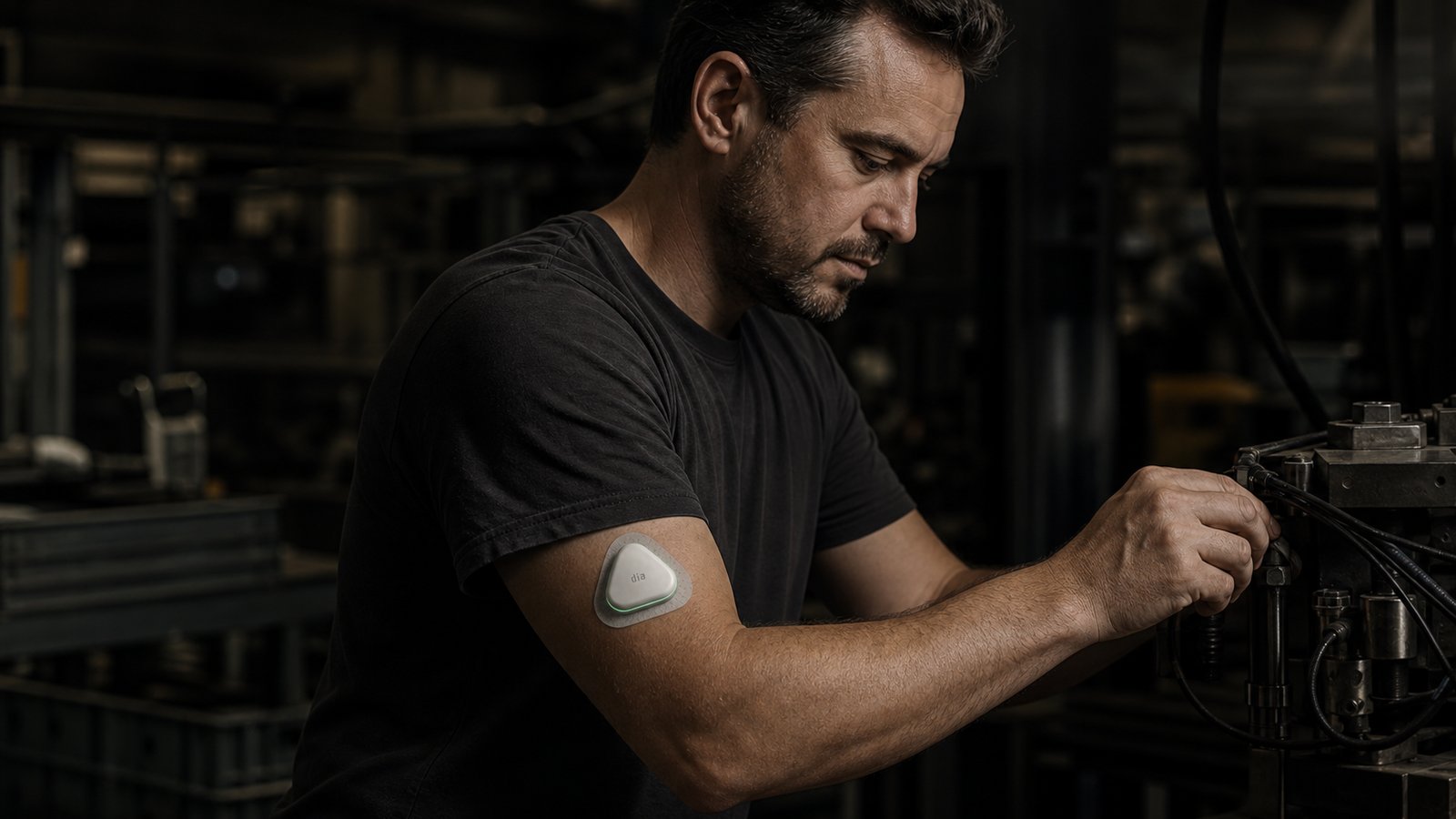 Workshop technician at his bench, a dia node on his upper arm